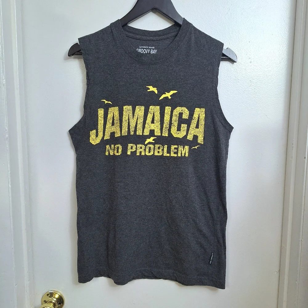 GROOVY BAY Mens Sporty Gym Tank Top Soft Comfy Gray Yellow Jamaica No Problem 62 - Picture 2 of 10